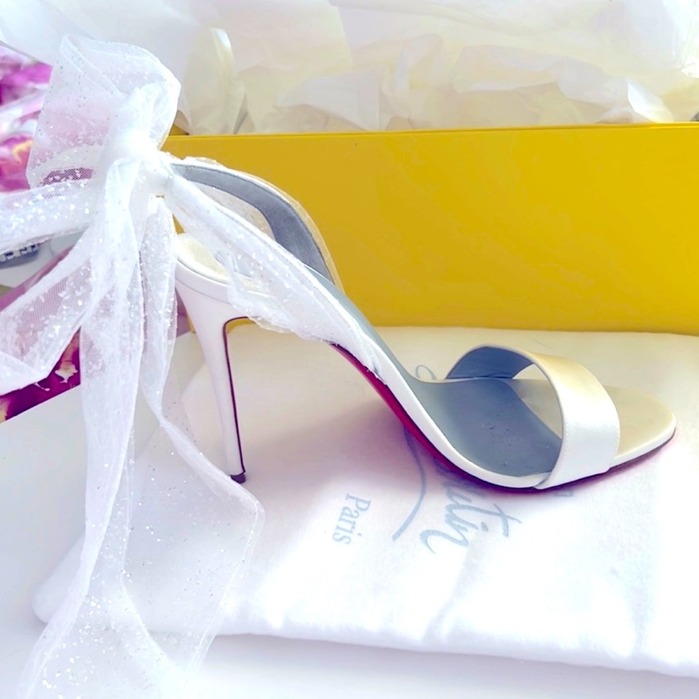 Sandale du Désert sandals. Satin crêpe, 100mm heels, glittered tulle ties.